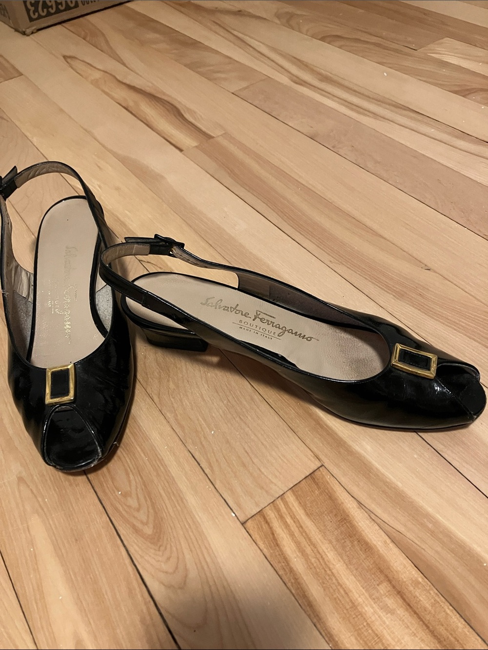 Salvatore Ferragamo Black Patent Slingback Peep-toe Pumps with Gold Buckle - Picture 3 of 15